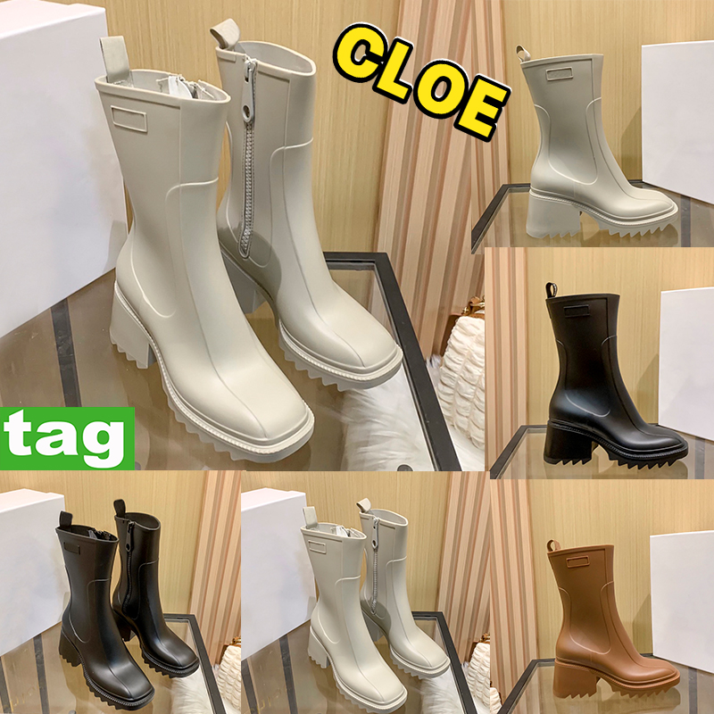 

Designer CLOE Boots Betty Rubber Rain Boot fashion Knee Half Thigh-High Booties Chunky heel Thick Bottom women shoes Nomad Beige Black Tan woman trainers, Shoes box