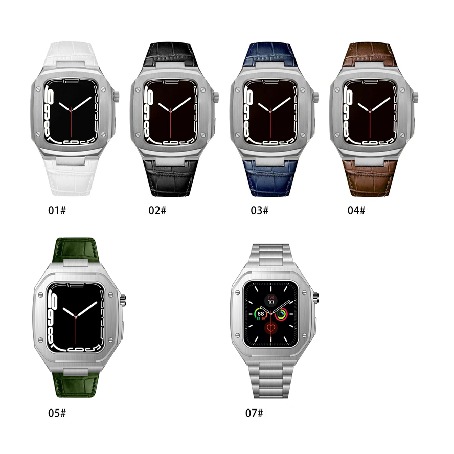 

Luxury AP Modified Stainless Steel Protective Case Bracelet Leather Straps Watchband Butterfly Clasp Band Fit iWatch Series 8 7 6 5 4 For Apple Watch 44 45mm Wristband