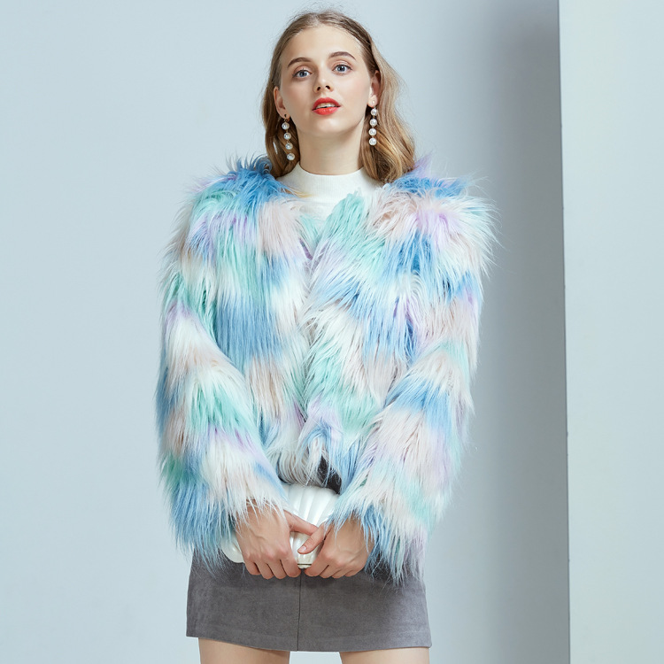 

Women's Leather & Faux Leather Blue Ice Cream Macaroon Furred Coat Short Fall/Winter Plush Cardigan
