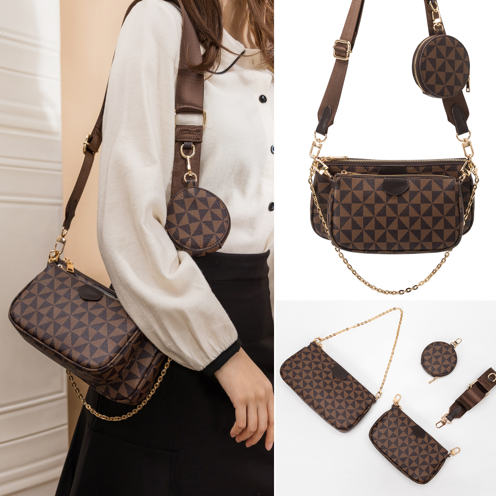 

Fashion Luxury Designer 3-IN-1 Messenger Bags Ladies Crossbody Shoulder Bag Women's Handbag Printing Hobo Clutch New Pattern Multi-Color Shopping Totes, Brown