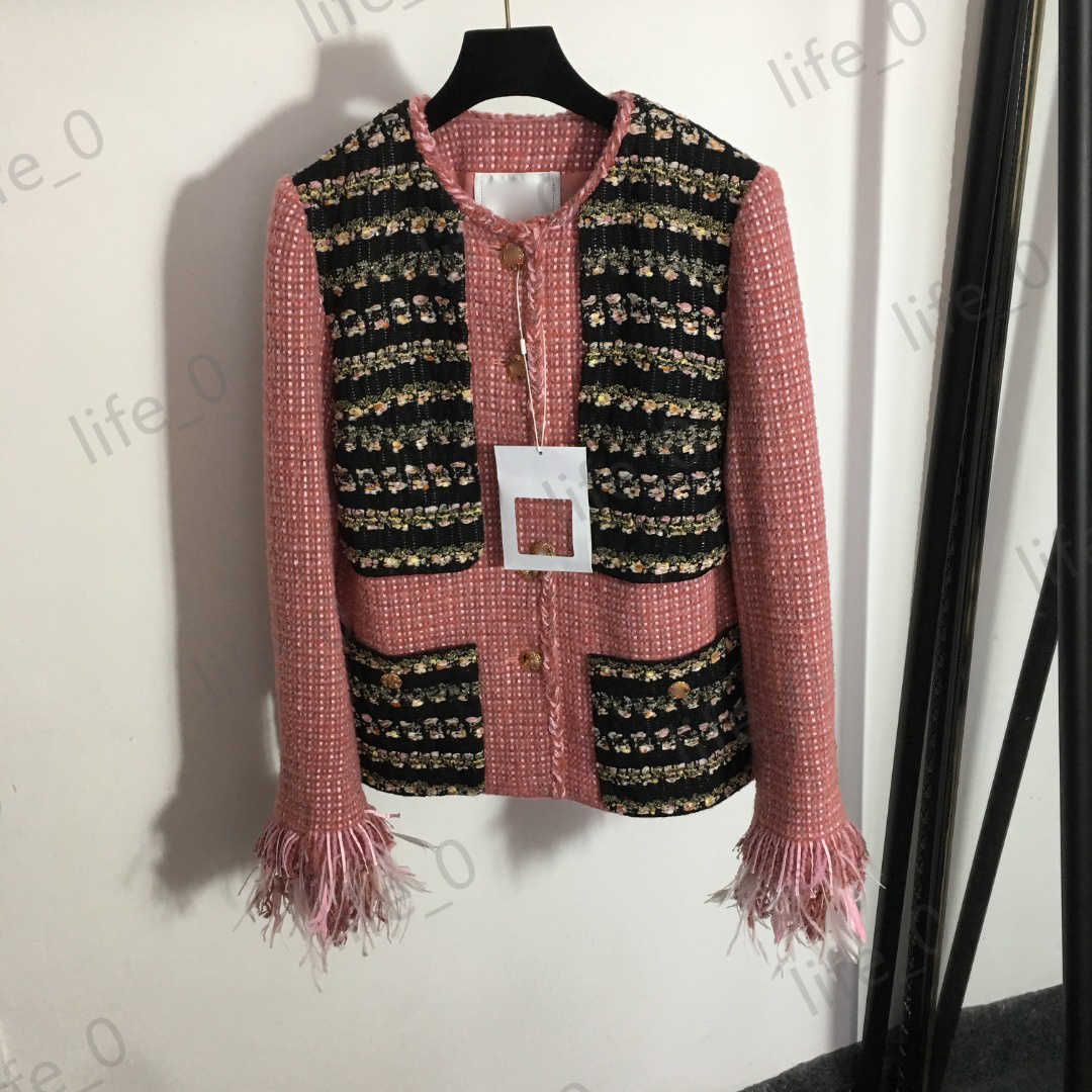 

Fashion Designer Womens Jackets Branded Tops Colorblock Tweed Silk Lined Paneled Coats Crewneck Fringed Cuffs Warm Women Jacket, 18