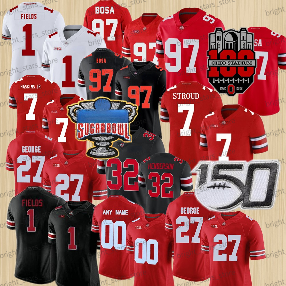 

American College Football Wear Custom Ohio State Buckeyes Football Jersey 7 C.J. Stroud Henderson Bosa Elliott George Fleming Young NCAA College Mens Women Youth, White+100th patch