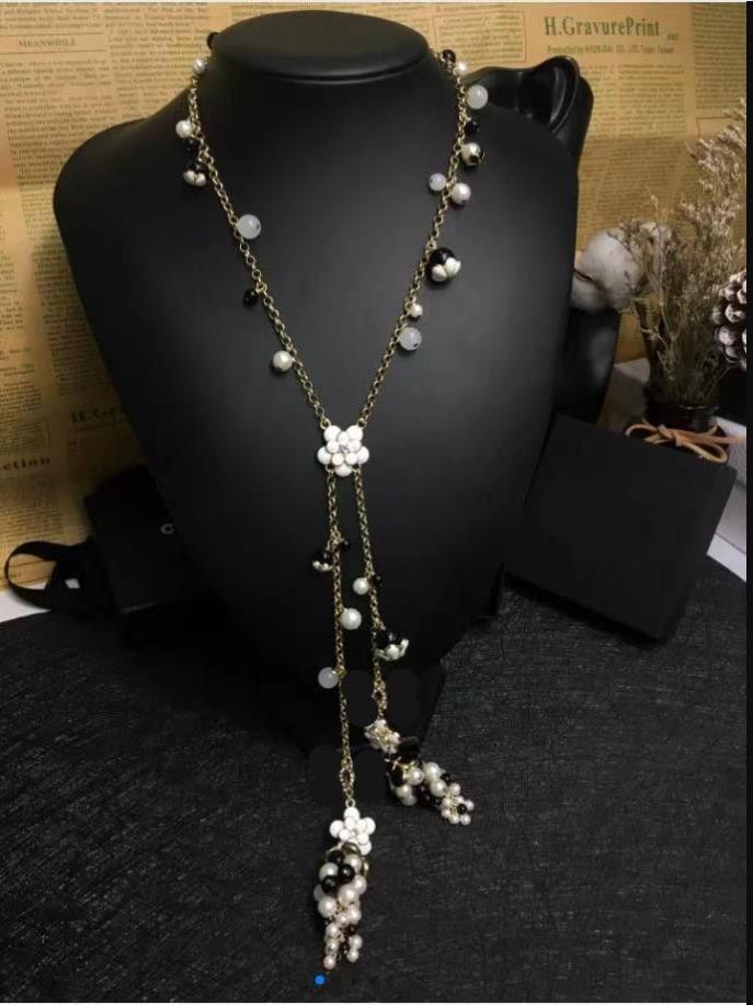 

Luxury jewelry Brand Fashion Jewelry Women Vintage Thick Chain Long Belt Gold Color Black Pearls Necklace Party Fine Top Quality