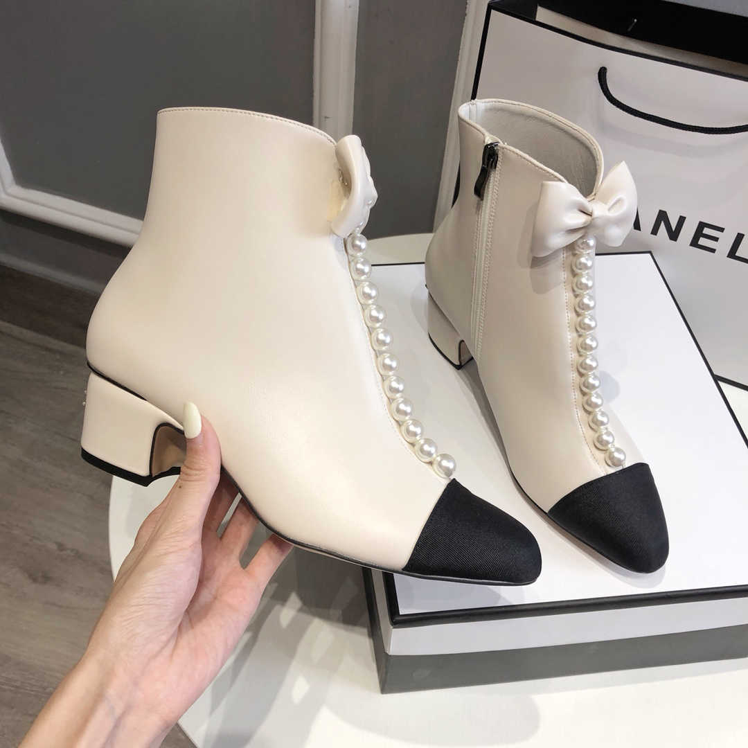 

7A Luxury Designer Dress Women Shoes 2022 Short Boots Bowknot Pearl Ornament 23, Black