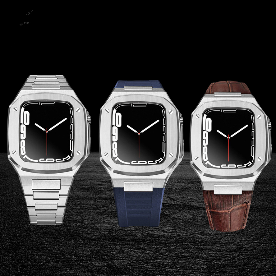 

Luxury AP Modified Stainless Steel Protective Case Bracelet Leather Straps Watchband Butterfly Clasp Band Fit iWatch Series 8 7 6 5 4 For Apple Watch 44 45mm Wristband