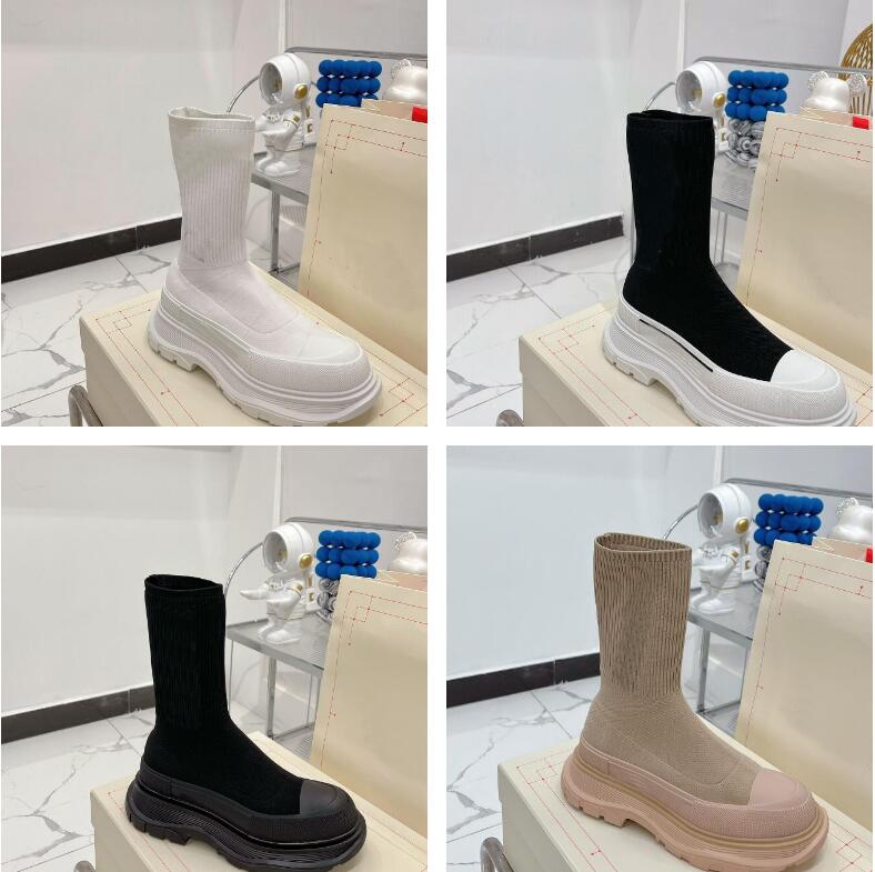 

5A Luxury Designer Tread Slick Boots Women Boot Rib Knit Sock Upper w/Rubber Tread Platform, Color 1