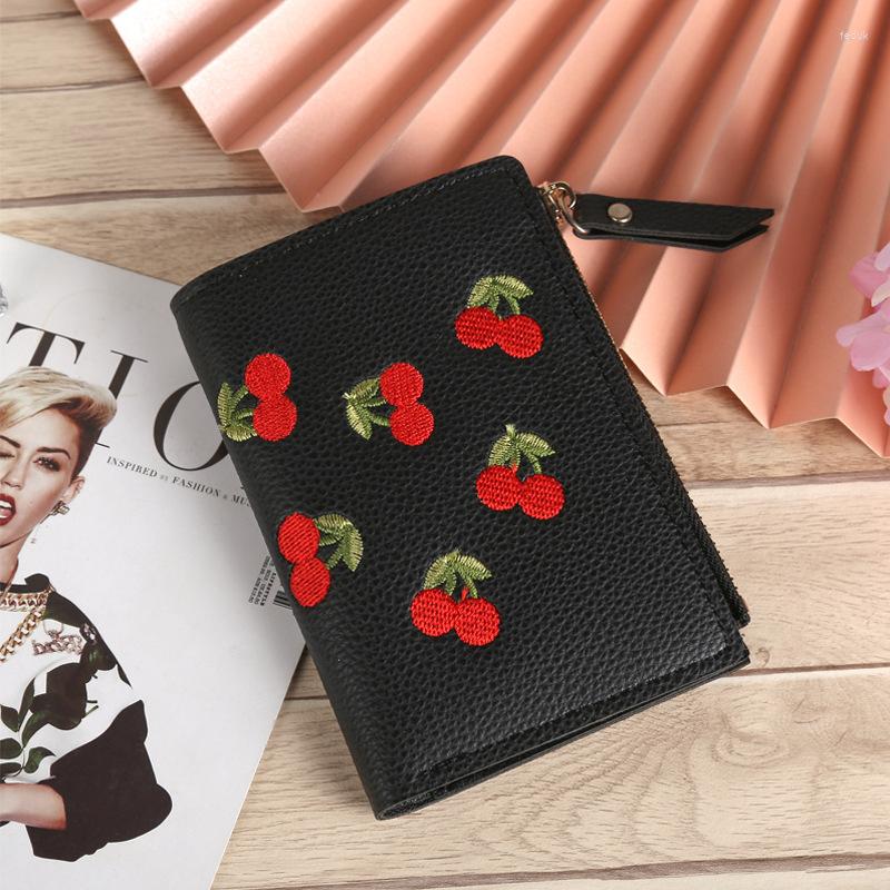 

Wallets Women's Casual Wallet Vertical Buckle Cherry Embroidered Short Trend Small Student Simple Fashion Wholesale, Black