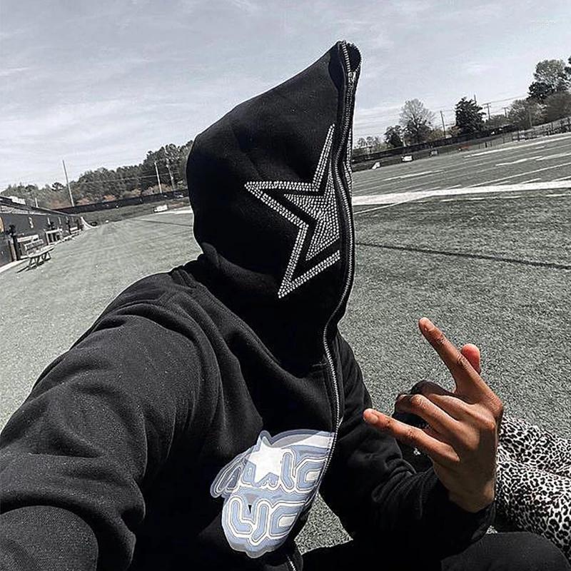 

Men's Hoodies Y2K Rhinestone Star Printed Hoodie Goth Women Grunge Hooded Jacket Streetwear Clothing Zip Up Oversized Sweatshirts, Black
