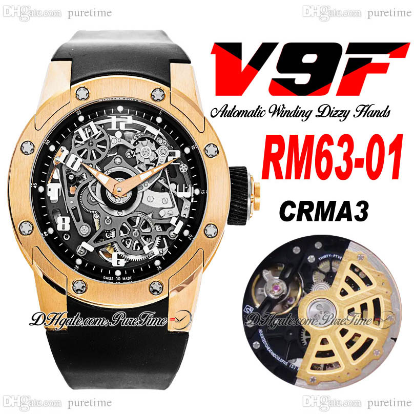 

V9F 63-01 CRMA3 Automatic Mens Watch Dizzy Hands Rose Gold Skeleton Dial Black Rubber Strap Watches Super Edition Puretime, 6301