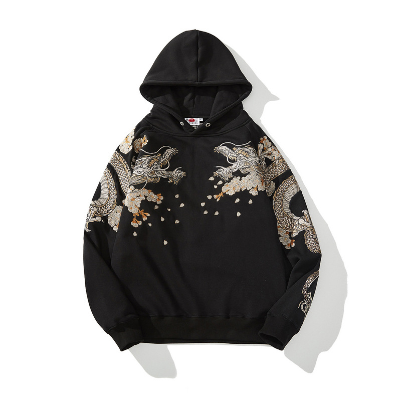 

Streetwear Hoodie Hip Hop Sweatshirt Streetwear Embroidered Dragon Hooded 2022 Mens Harajuku Cotton Pullover Black