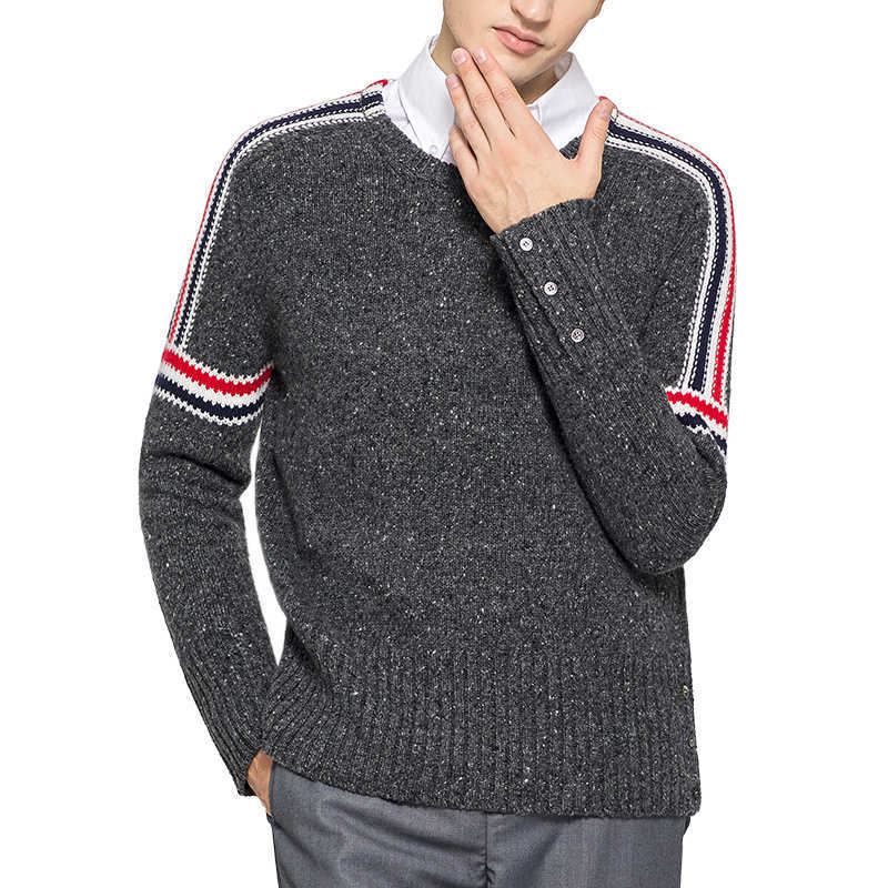 Tb 2021 Thom Fashion Brand Sweaters Men Slim Fit O-neck Pullover Clothing Striped Wool Thick Solid Autumn Winter Casual Coat