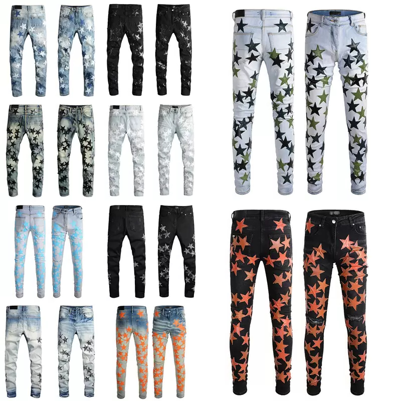 

Mens Jeans for Guys Rip Slim Fit Skinny Man Pants Orange Star Patches Wearing Biker Denim Stretch Cult Stretch Motorcycle Trendy Long Straight Hip Hop with Hole Blue, 824#