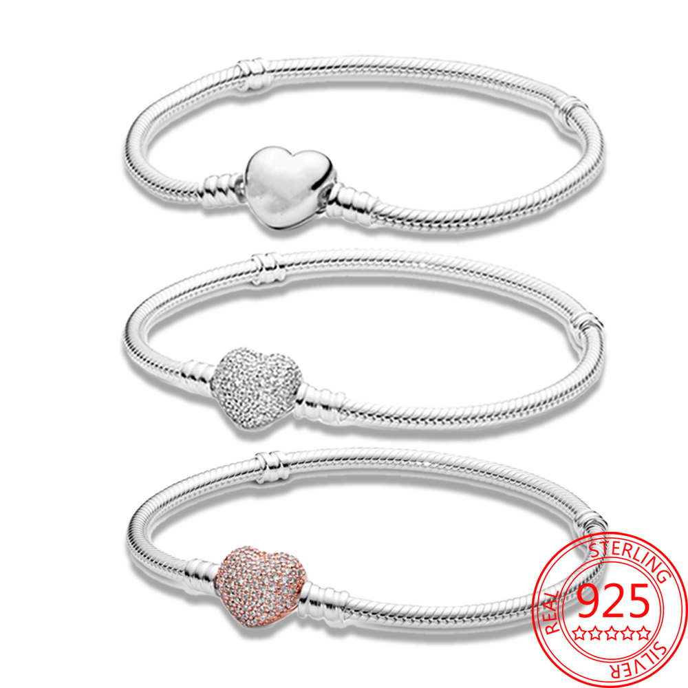

new popular s925 sterling silver series bracelet heart buckle snake chain bracelet pandora diy charm boutique fashion womens jewelry