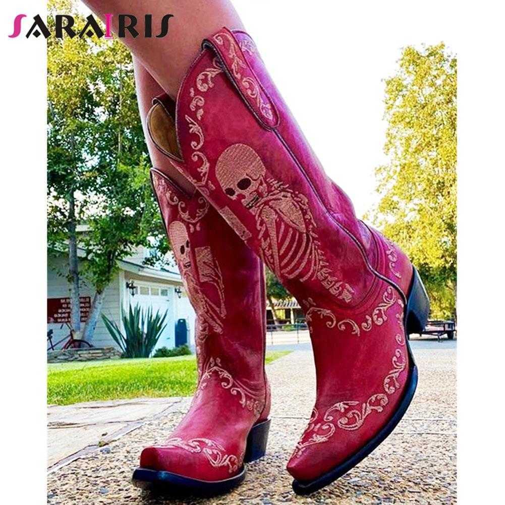 

Boots Autumn Winter Plus Size Halloween Women Western Mid Calf Boots Chunky Heels Skull Pattern Cowgirl Boots Vintage Shoes For Woman T220926, Brown style 3