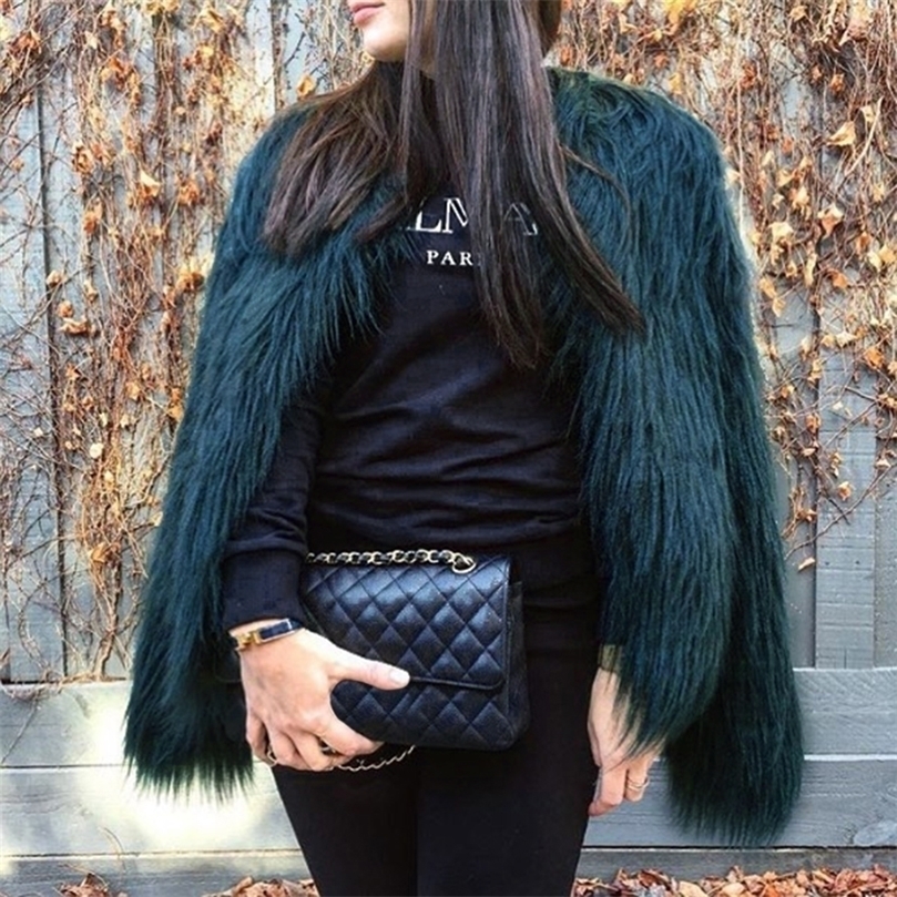 Womens Fur Faux Fur Furry Fur Coat Women Fluffy Warm Long Sleeve Outerwear Autumn Winter Coat Jacket Hairy Collarless Overcoat Plus Size 3XL 2209