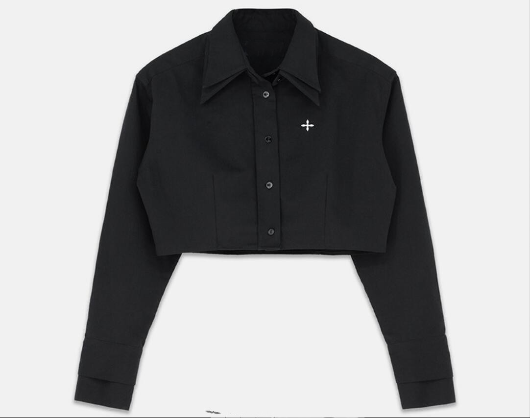 Women's Blouses & Shirts Blouse Fashion Letter Embroidery Lapel Cropped Long Sleeve Breasted Top Shirt-image-771921746