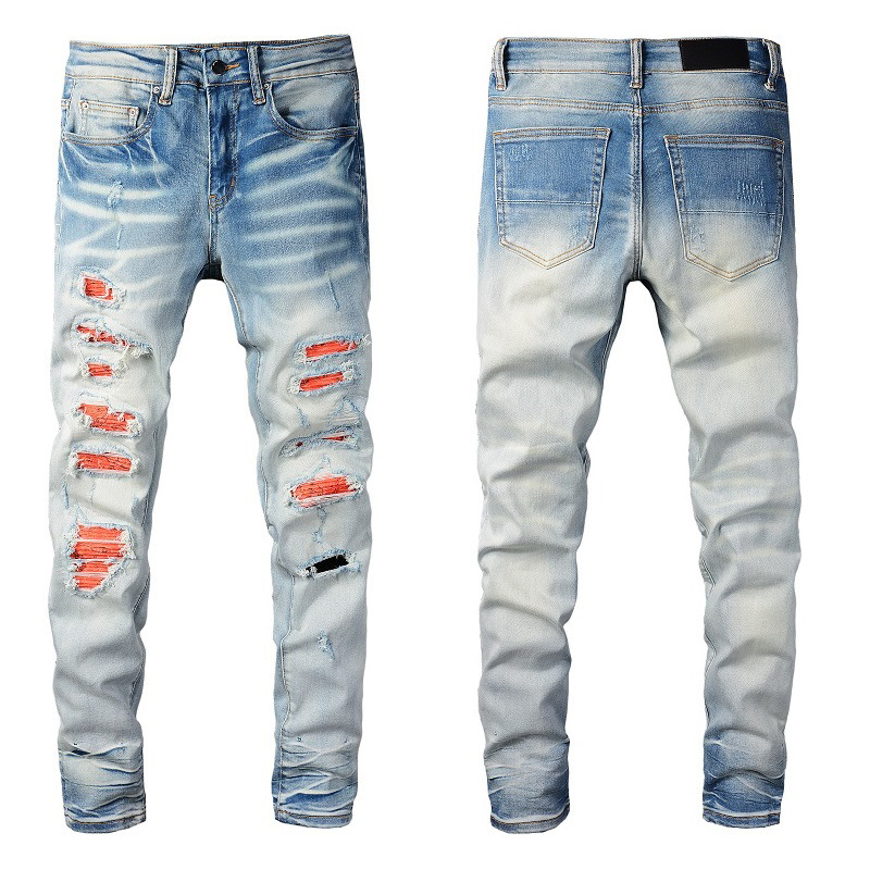 

Men's Jeans High Street Blue Gradient Knee Ripped Orange Patch pants Light Blue Slim Skinny trousers