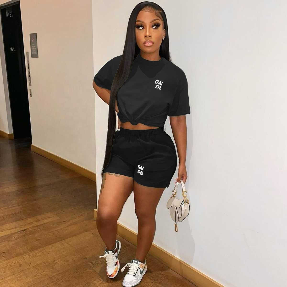 

Trendy Summer Women Short Outfit Letter Print Tracksuits Crop Top Cotton T Shirt And Shorts Matching Casual Two Piece Shorts Set Women, White