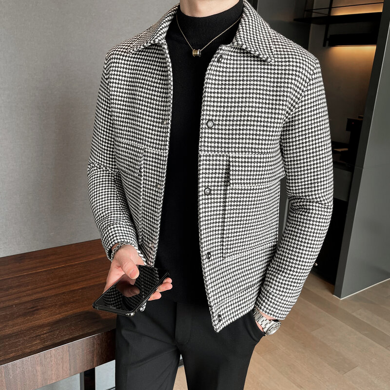 

Slim Fit Woolen Plaid Bomber Winter Jacket Men Japanese Streetwear Men Jacket Winter Jackets For Men Brand Coat S-3XL, Black