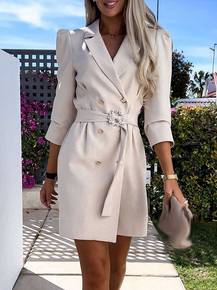 Robes décontractées Sexy Chic à manches longues a-ligne manteau robe femmes solide bureau banlieue mince Mini robe élégante revers Double boutonn