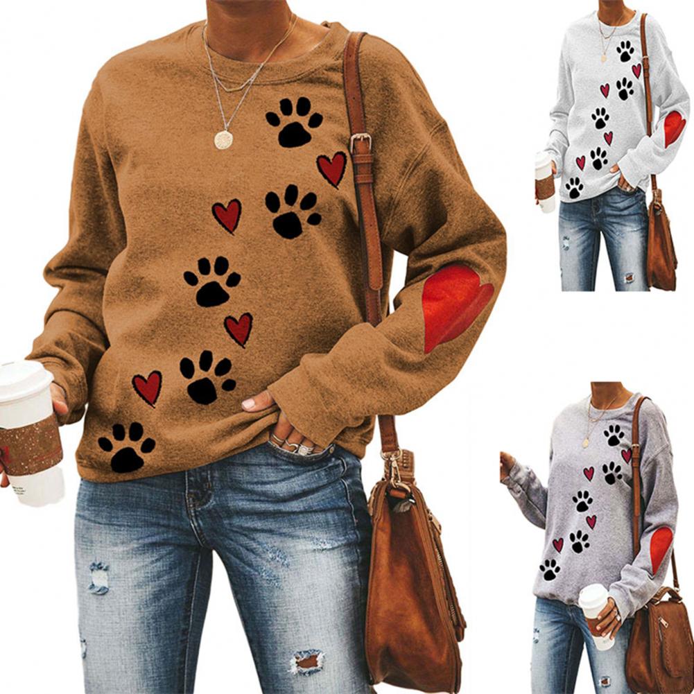 

Love Heart Dog Paw Print Sweatshirts Women's Knits Long Sleeve Pullover Tops Casual Blouse, Brown