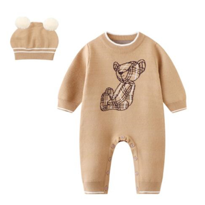 

Winter Kids Clothes Sets Newborn Baby Rompers Boy Girl Knitted Sweater Jumpsuit Hooded Toddler Infant Warm Outerwear And Hat, Khaki