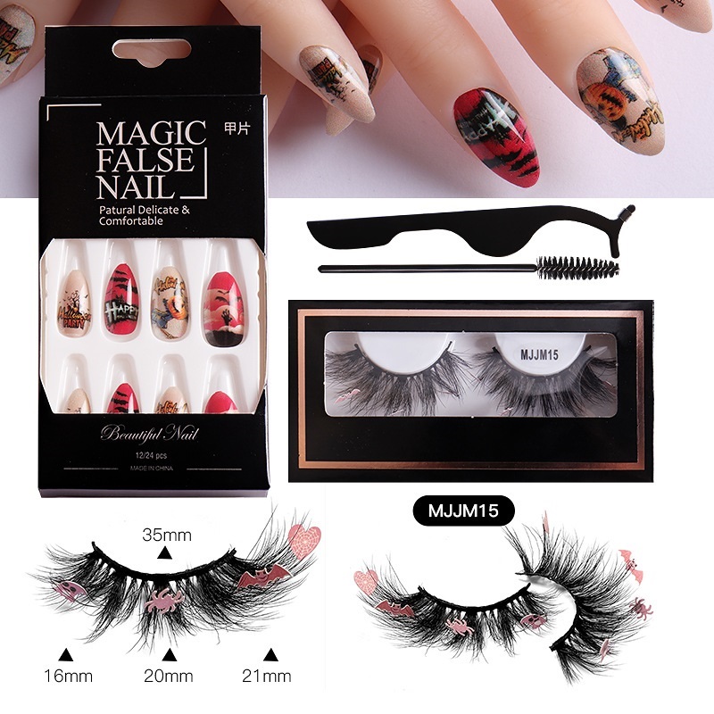 Curly épais Halloween faux cils et faux ongles ensemble pour fête fait à la main réutilisable multicouche 3D vison faux cils extensions maquillag