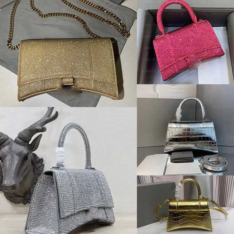 

Evening Bags HOURGLASS XS handbag crossbody rhinestone bag grey suede calfskin Crocodile pattern bag small larger silver hardware handbags designer, 27