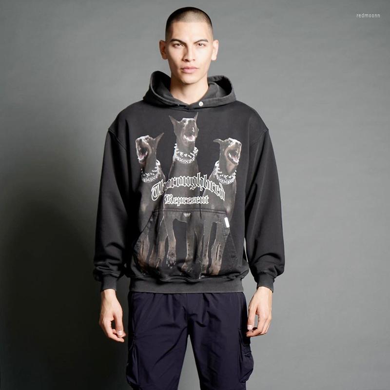 

Men' Hoodies Thoroughbred Hoodie Hound Print High Street Washed Distressed Quality Pure Cotton Men Women Loose Hooded Sweater, Black