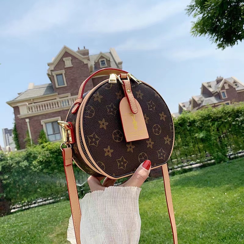 

Women Luxurys Circle Crossbody Bag Designers Round Handbags Purse Old Flower Brown Genuine Leather Shoulder Bag Wallet Clutch