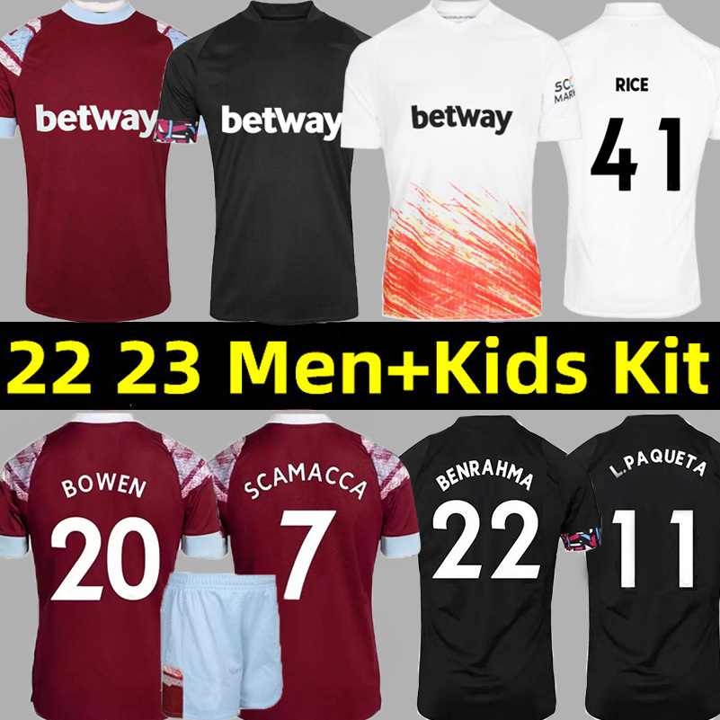 

2022 2023 West Hams Soccer Jerseys United SCAMACCA BOWEN PAQUETA RICE LANZINI ANTONIO FORNALS N. AGUERO DAWSON BENRAHMA WHU 22 23 Jersey Football Shirt Mens Kids Kit, 22-23 away kids