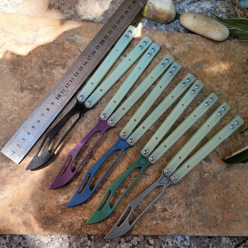 

New Theone Balisong Orca Butterfly Trainer Training Knife Titanium Blade Not Sharp Channel Transparent G10 Handle Swing Jilt Knives EX10 Chimera Hom Triton Squid