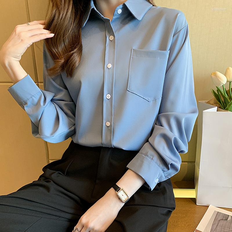 

Women' Blouses 2022 Fashion Spring Retro Blouse Female Simple Temperament Lapel Blusa Slim Long-sleeved Shirt KK1703, Blue 2