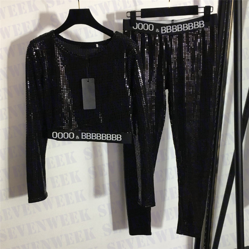 

Bling Sequins Womens Tops Leggings Yoga Suits Fashion Letter Ribbed Elastic Tights Shiny Pullover High Grade Women Clothing, Extra shipping/no ship