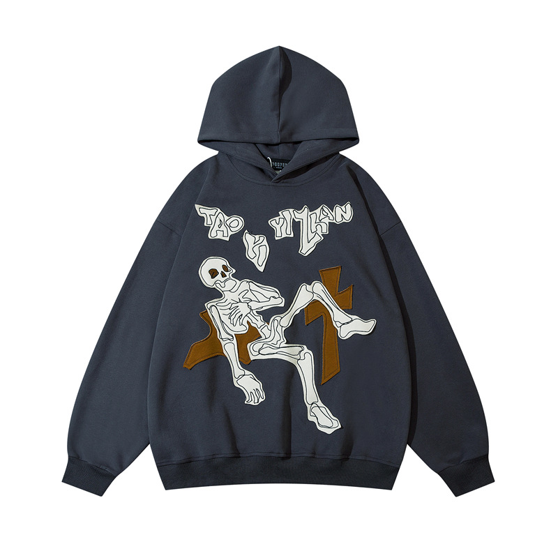 

Men Hoodie Sweatshirt Y2K Hip Hop Embroidery Skull Skeleton Letter Hooded Streetwear Harajuku Casual Loose Punk Gothic Pullover, Blue