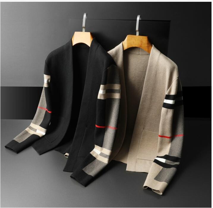 

men's Sweater casual hip hop Long-sleeved Knit stripe v neck Men Women high street aristocratic family cardigans Sweaters pluz size knited jacket, Black