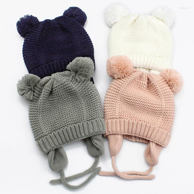 

Hats 2022 Cute Knitted Pompom Baby Hat Gloves Cap Thick Warm Girl/Boy Beanie Winter Ear Kids Bonnet Muts, Pinkgloves