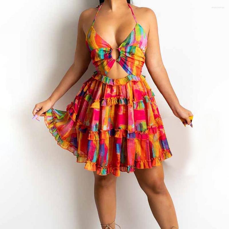 

Women' Swimwear Colorful Tie Dye Print Halter Backless Mini Dress Women Sexy Elegant Ruffle Dresses Summer Beach Holidays Robe, Orane red