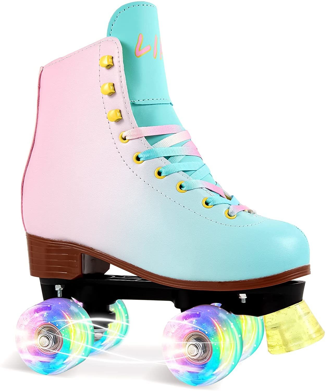 

Ice Skates LIKU Quad Roller for Girl and Women with All Wheel Light Up Indoor Outdoor Lace Up Fun Illuminating Skate Kid 220928, Blue pink