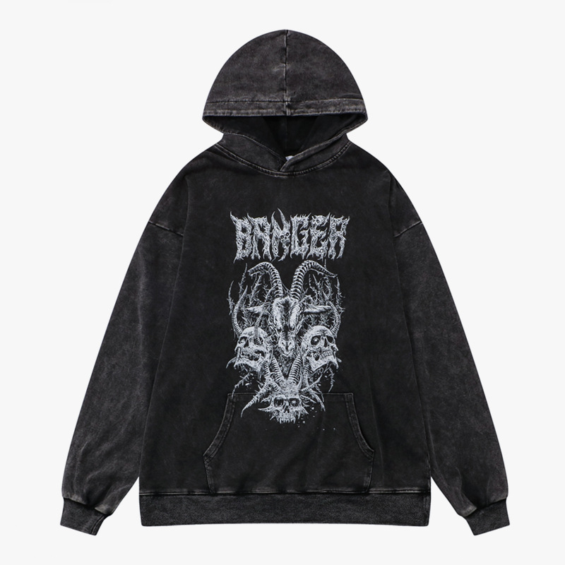 

Hip Hop Hoodie Streetwear Vintage Goat Skull Skeleton Print Gothic Hooded Sweatshirt 2022 Harajuku Retro Distressed Wash Hoodies, Black