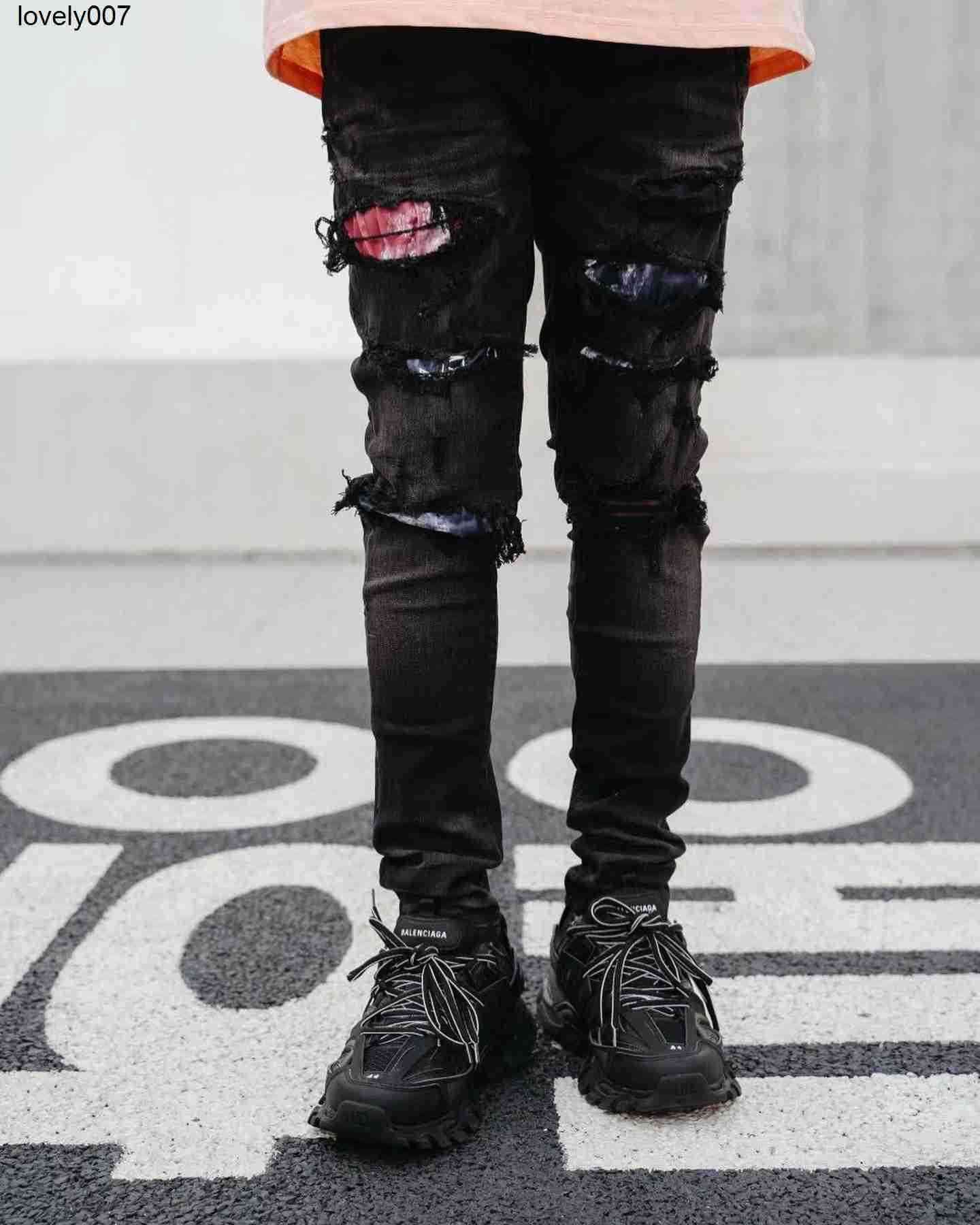 

Dsigner Men's new Jeans Amirs light color pleated patch beggar hole elastic slim black jeans, Deep black