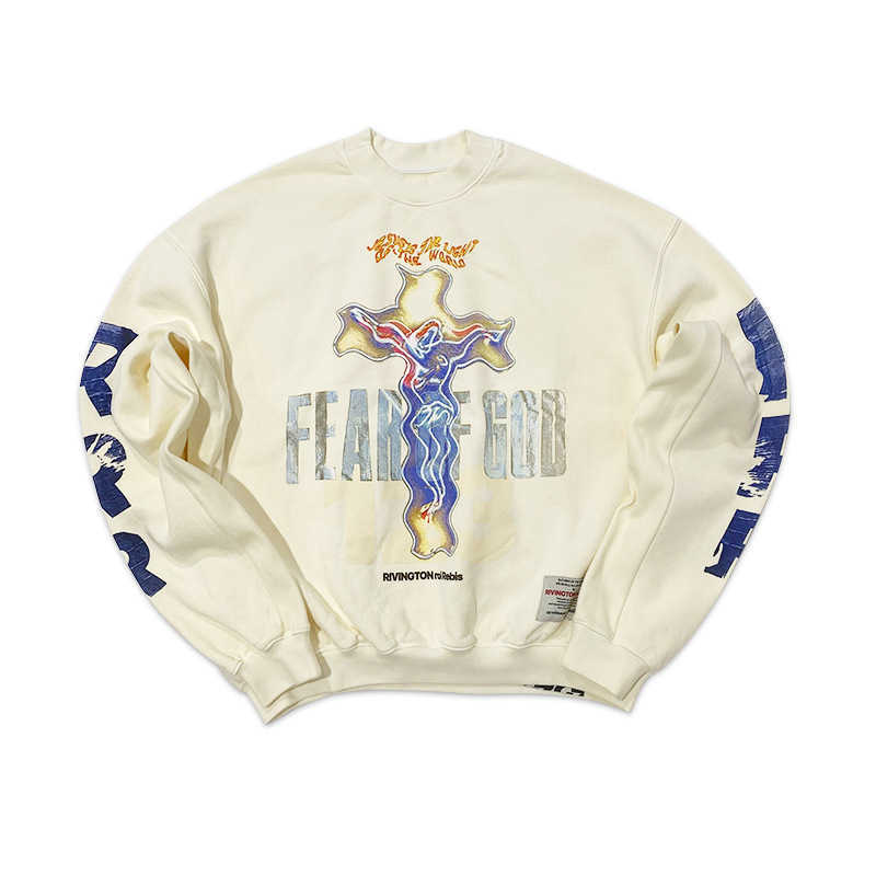 

Rrr123 Jointly named Gospel Cross Dissolved High Street American Pullover Round Neck Loose Plush Sweatshirt Male Winter, Apricot