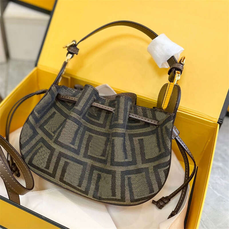 

Mini bag drawstring closure fabric with brown F print designer women bag metalware folds handbag leather crossbody shoulder bags purse Pomodorino