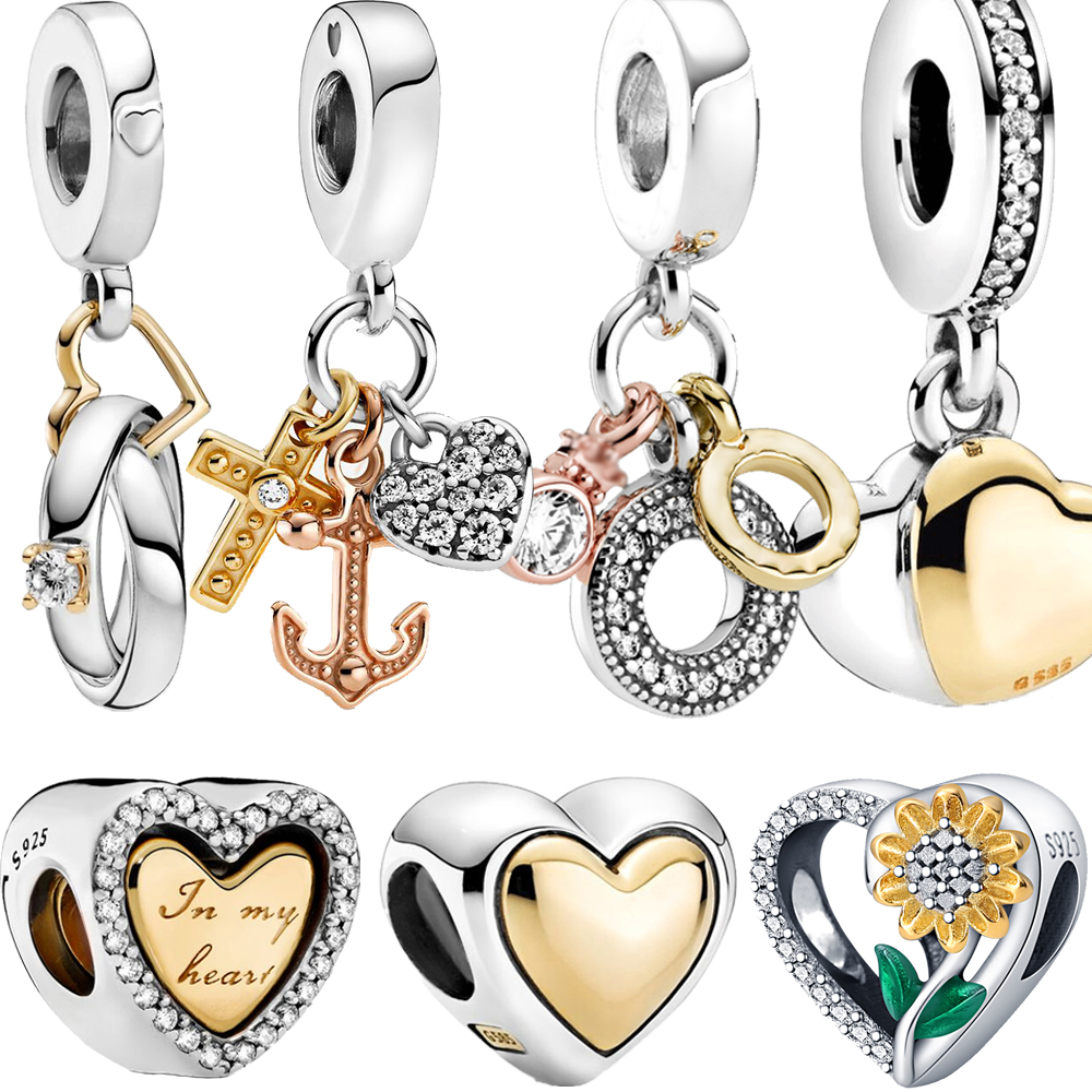 

The New Popular Romance 925 Sterling Silver Sunflower Charm Love Ring Pendant with Gold Beads Is Suitable for Pandora Bracelet DIY Jewelry Making