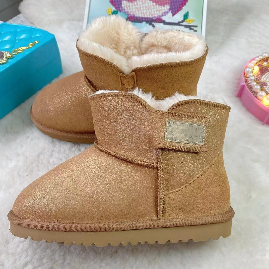 

NEW Toddler Infant Baby Australia Boot Chestnut Baby Suede Booties Sheepskin Shearling Lining Winter Short Ankle Boots Preschool Glitter Leopard Color Thick Warm, Fill posatge