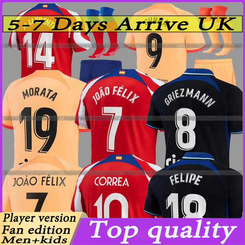 

22 23 Atletico Madrids Soccer Jerseys Player Fan version 2022 SAUL JOAO FELIX Maillot Foot Camisetas Cunha MORATA Football Shirt Mens Short Long Jersey Kids Kit socks, 2223 players version home