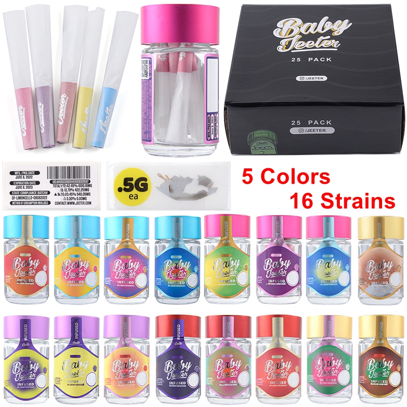 

Baby Jeeter Infused Glass Jar Electronic Cigarette Accessories Wax Container Clear Glass Tank Multi Colors Carb Cap Dry Herb Tobacco Bottle Starter Kits 16 Strains
