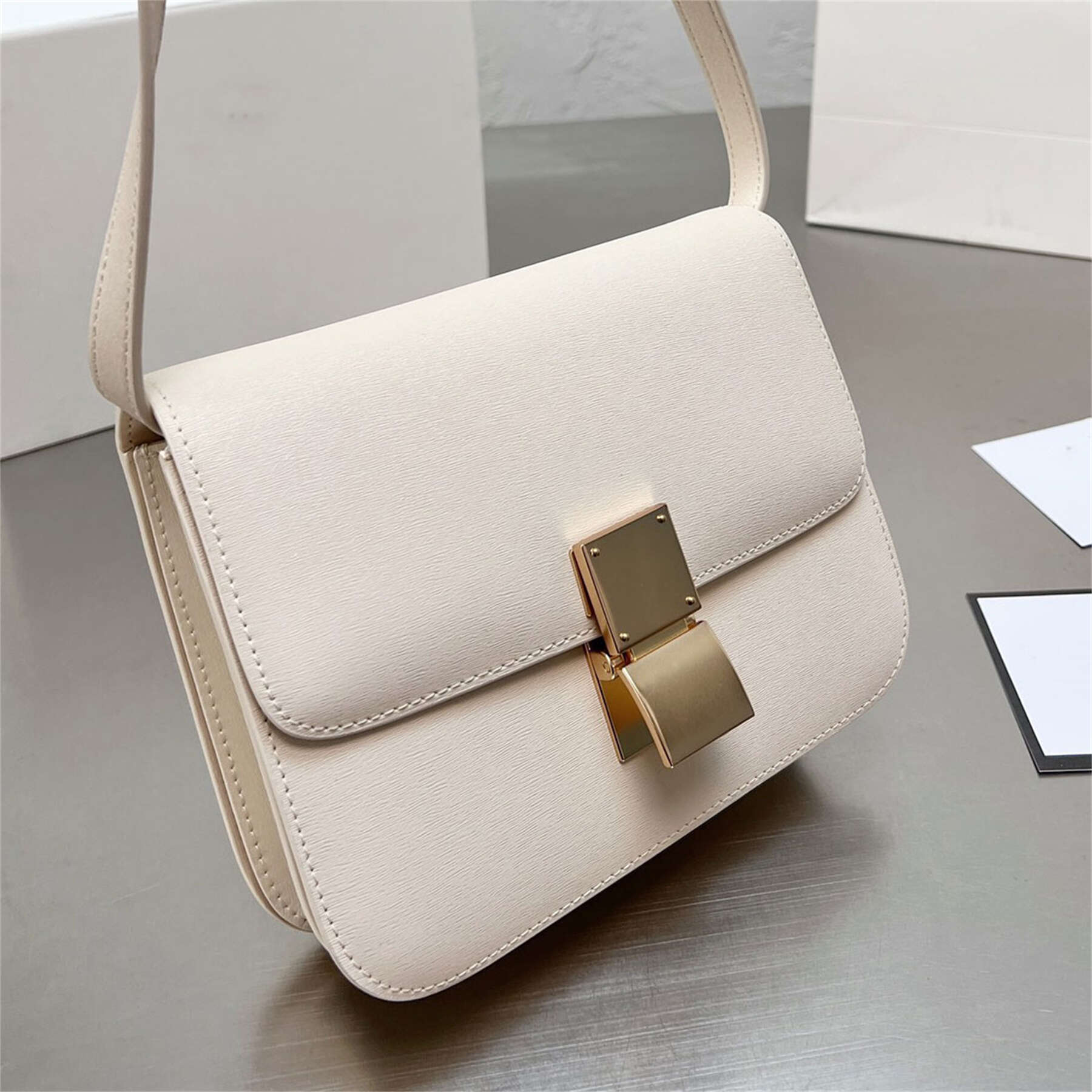 

TEEN Triomphe Classic Bag in Calfskin gold buckle flap metallic closure women designer bags crossbody polishing leather tofu bun small square shoudler bag purse
