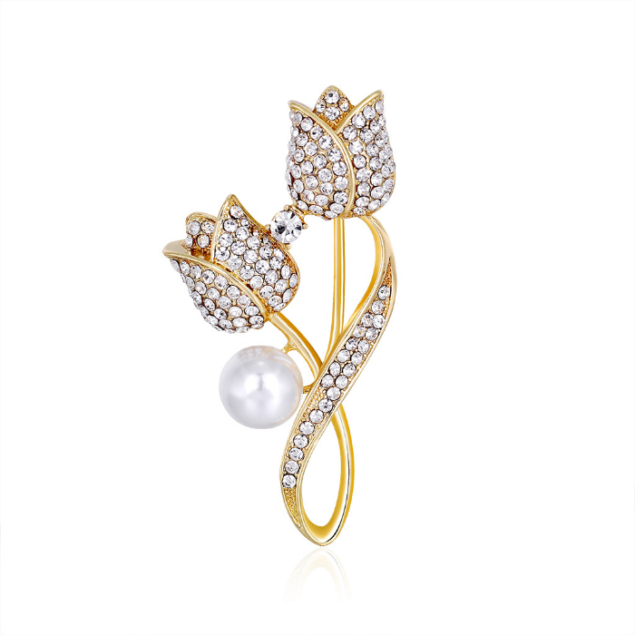 

Gold Crystal Tulip Brooch Pin Business Suit Tops Corsage Pearl Rhinestone Flower Brooches for Women Men Fashion Jewelry