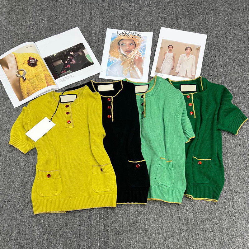 

2022 Women's Sweaters New Solid Color Button Knitted Short Sleeve Sweater Women's O-neck Elegant Ladies Pocket Fashion Knitwear, Black